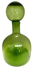 Vintage Green Glass Bottle Decanter Round Stopper Seed Bubbles MCM Style 11.5"