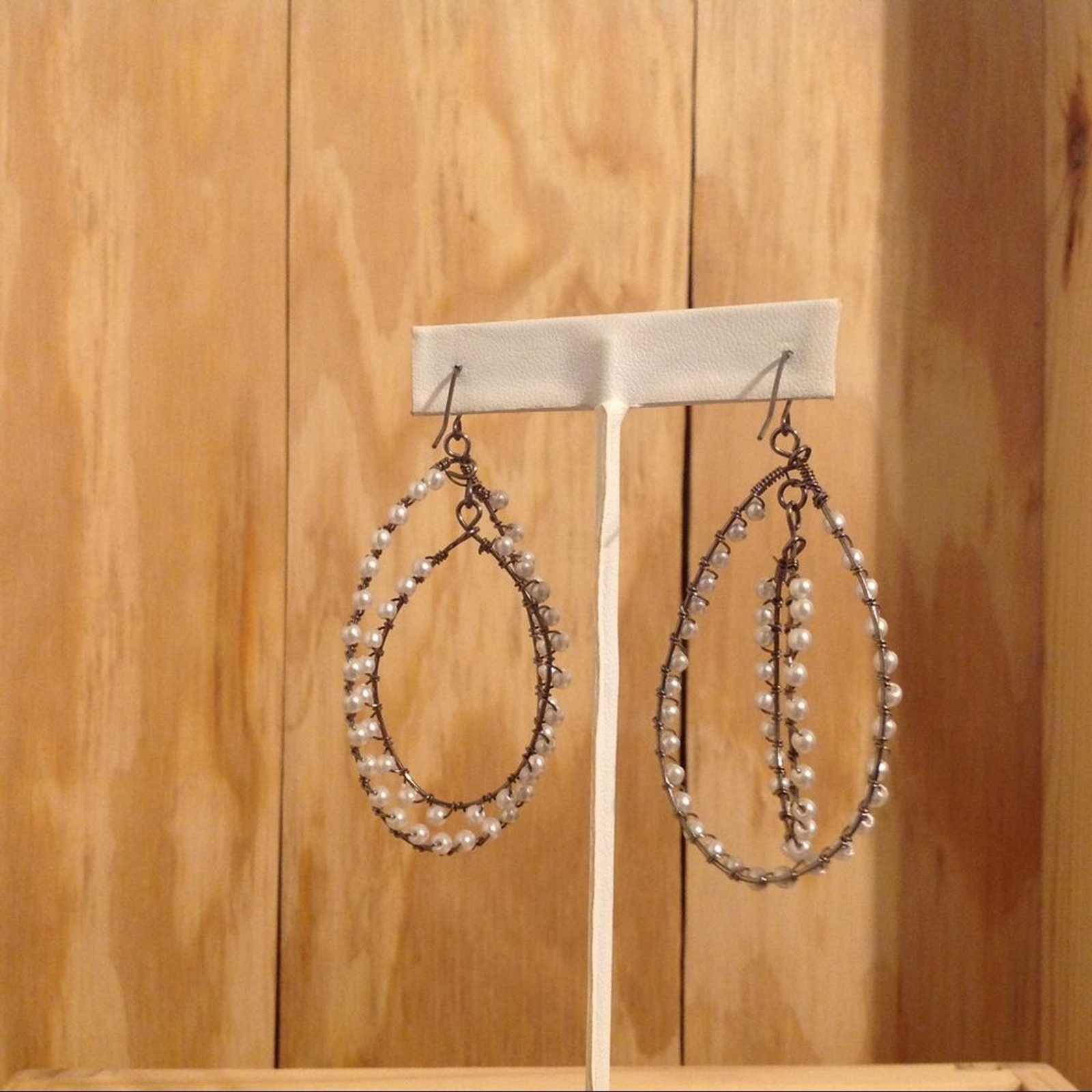 Silver Tone White Beaded Double Loop Earrings 3" - image 2