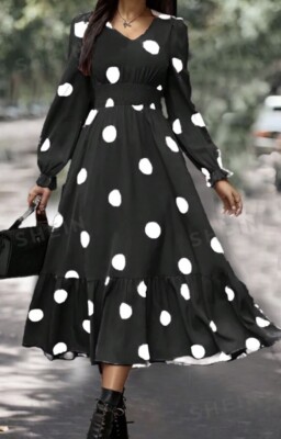 Shein Black/White Polka Dot Shirred Waist Frill Hem Maxi Dress