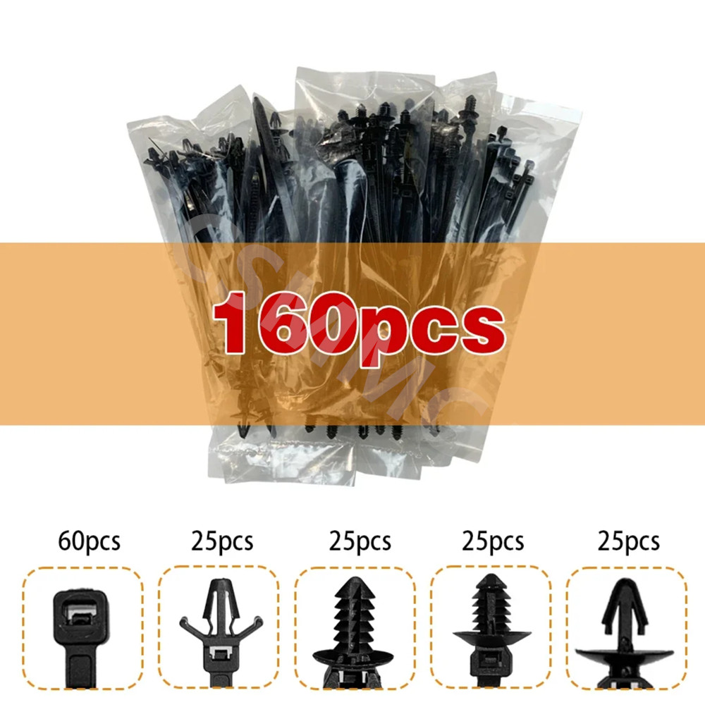 160Pcs Push Mount Cable Ties Car Hose Wire Fastener Clips Nylon Zip Strap Fixing