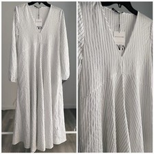 ZARA RUSTIC VOLUMINOUS STRIPED DRESS POCKETS NWT XS