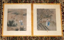 Antique Pair of Chinese Paintings - Village Life