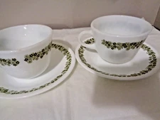 Set of 2 Corelle Corning Milk Glass Cups w/ Saucer Spring Blossom Crazy Pattern
