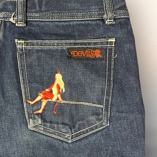 Rare,Vintage 80s DEVILS Embroidered Dark Wash Jeans High Waisted (30x30) - Picture 15 of 19