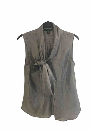 Ralph Lauren UK 12 Silk Metallic Silver Bow Tie Neck Sleeveless Blouse VGC - Picture 8 of 9