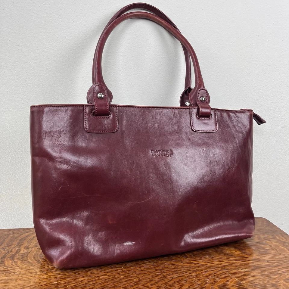 Valentina Bolso Cartera Cuero Rojo Oscuro Grande Italia Doble Asa Cremallera Foto 4 de 4