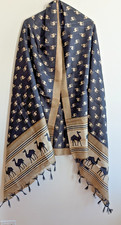 Silk Scarf Shawl Wrap Stole Dupatta Camel Motif Black Gold Soft Tasseled 80"x44"