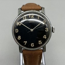 Vintage Zenith Mens Watch 35mm Black Arabic Dial Silver Tone Leather Manual Wind