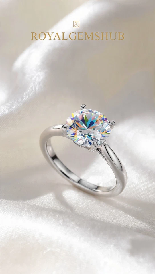 ✨Anillo de compromiso solitario de diamantes de corte redondo de 4,64 quilates enchapado en oro blanco de 14 quilates Foto 2 de 4