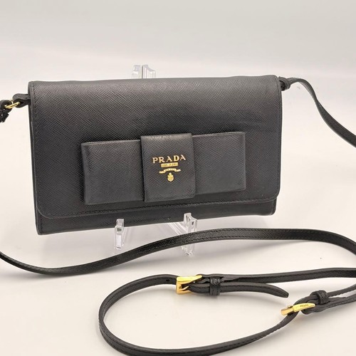 Authentic Prada Shoulder Wallet 2-Way Saffiano Leather Black Gold Hardware Size