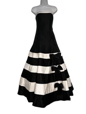 VTG Jessica McClintock Black White Stipe Satin Full Strapless Prom Dress Gown 6