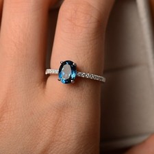 925 Sterling Silver Blue Topaz Gemstone Women Dainty Pave Band Ring Duty Free