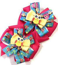 Beautiful Yellow Owls inspired pigtail hair bows for girls.