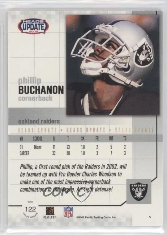 2002 Pacific Heads Update Blue Phillip Buchanon #122 Rookie RC - Image 2 of 2