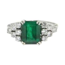 Brazilian Emerald Cut Emerald With Round Cut CZ Solitaire  Accents Wedding Ring