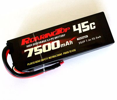RoaringTop LiPo Battery Pack 45C 7500mAh 2S2P 7.4V HardCase with Leads Out