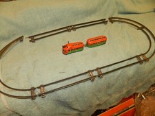 Vintage Interurban Trolley Trailer, Small tin-litho wind-up set W. Germany
