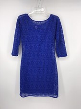 Express Women's Eyelet Blue Long Sleeve Dress Diamonds Pattern Size Medium EUC