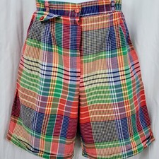 Vintage Cliffhanger Rainbow Plaid High Waisted Shorts w Cuffs Size 9