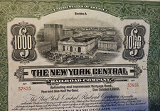 Antique 1913 New York Central Railroad Co. 4 1/2% $1000 Bond Certificate, Green