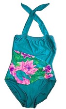 Vtg One Piece S/M Tropical Floral Slimming Hawaiian Swimsuit USA Halter 80s 90s