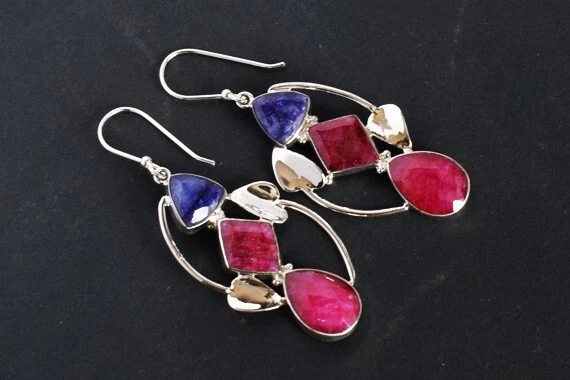 Lab Created Ruby Sapphire Gemstone Dangle Earrings 925 Sterling Silver Jewelry - Image 3 of 4