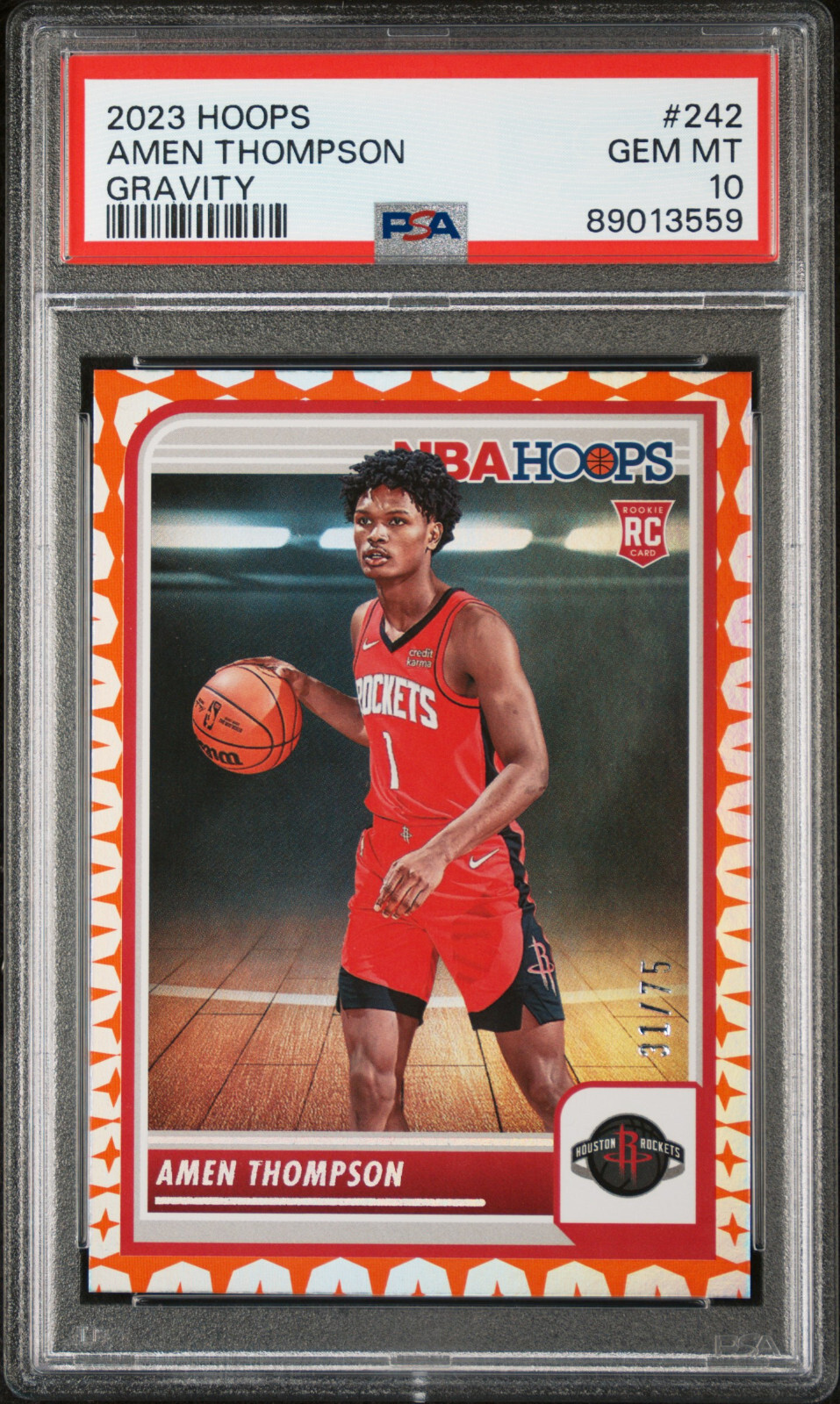 2023-24 Panini NBA Hoops Amen Thompson #/75 Gravity #242 RC Rookie PSA 10