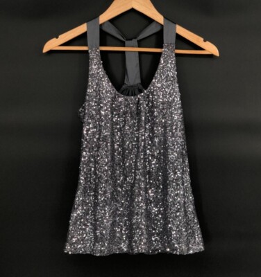 Express Women's Sequin Racerback Tank Top XS Gray Going Out Top Satin Straps Y2k