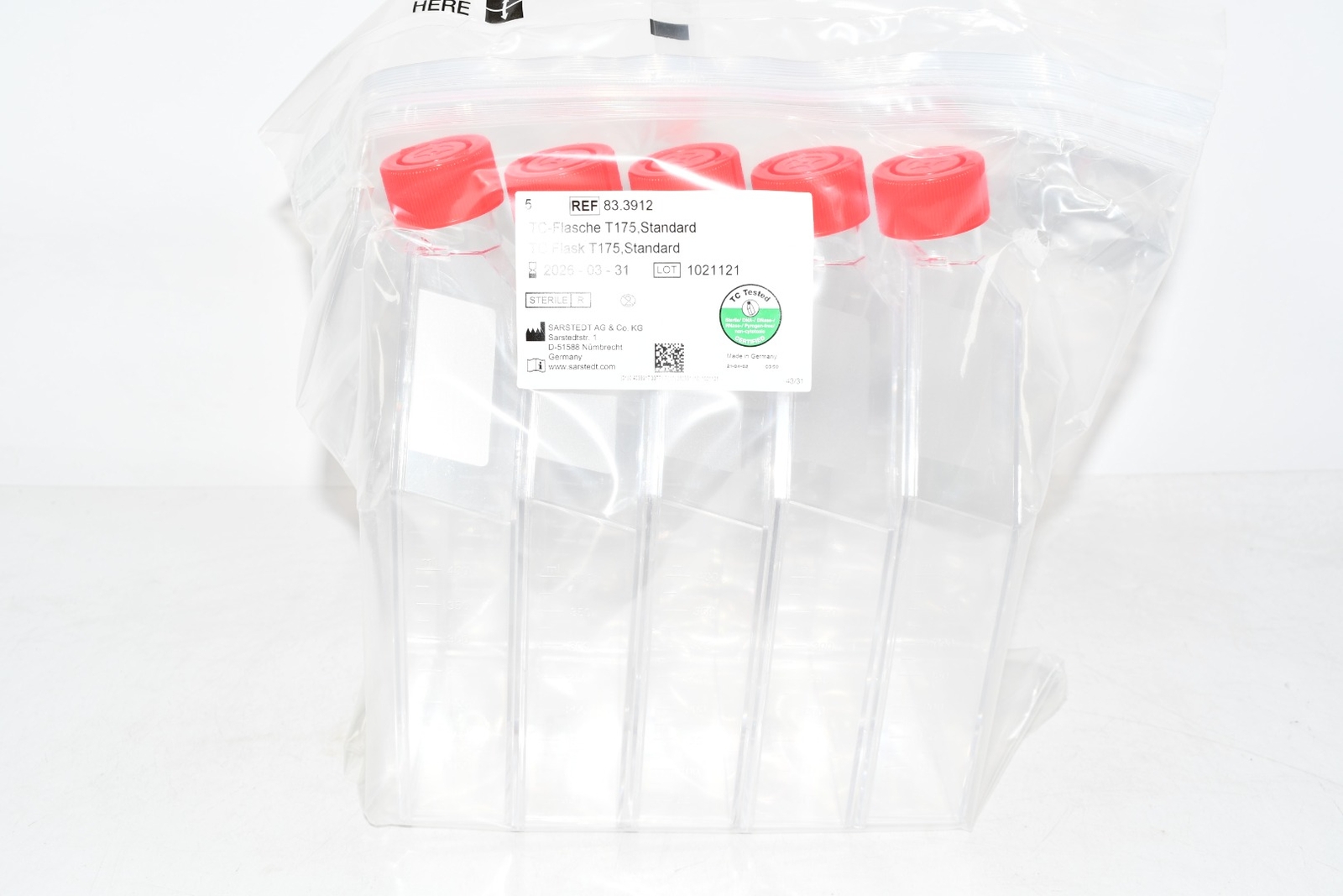 Pack of 5 NEW Sarstedt 83.3912 T175 Tissue Culture Flask, Red