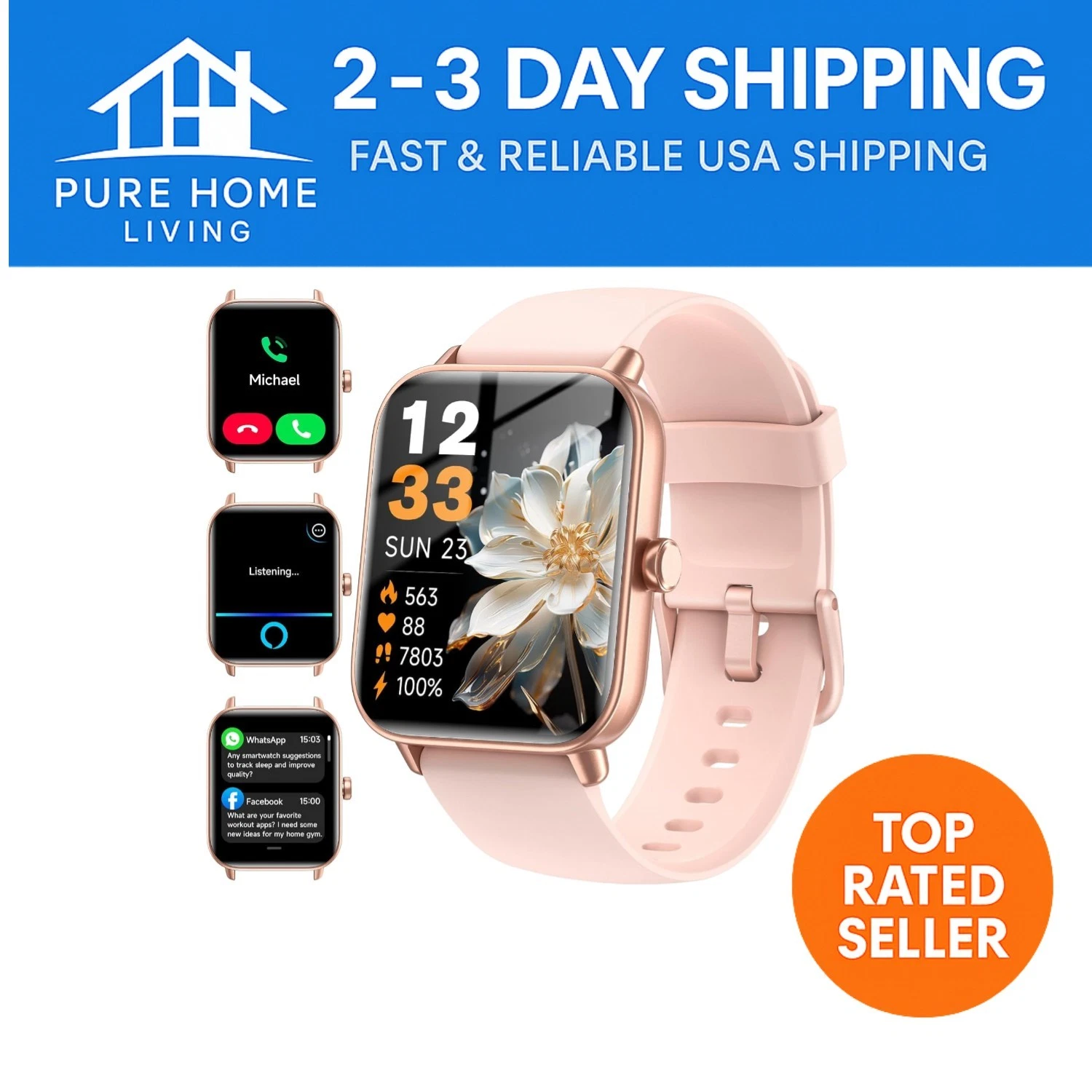 Stylish 1.85" Smart Watch for Women & Men - Alexa, Fitness Tracker, Pink