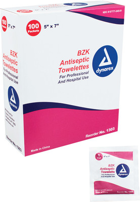 Dynarex BZK Antiseptic Towelette 5 W x 7 L (Box Of 100 Total)