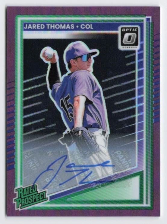 2025 Jared Thomas Rated Prospect Donruss Optic Purple Holo Auto /49 #147 Rockies