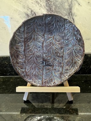 Studio Art Pottery Plate  8.5 w Fern Branch Foliage Pattern Earth Tones Signed