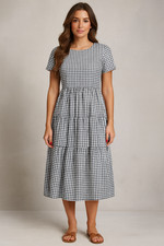Vestido Mod Boutique Para Mujer L Azul Marino Guinga Cuadros Costero Niveles Cottagecore Preppy