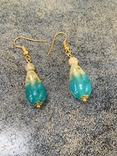 Attractive Turquoise & Stone Pear Drop Glass Bead Earrings