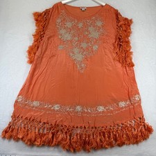 Sundance XL Orange Embroidered Tassel Fringe Boho Viscose Sleeveless Tunic Dress