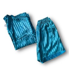 ESLEEP Vintage Two Piece Striped Teal Satin Sleep Set Woman  s SIZE MEDIUM