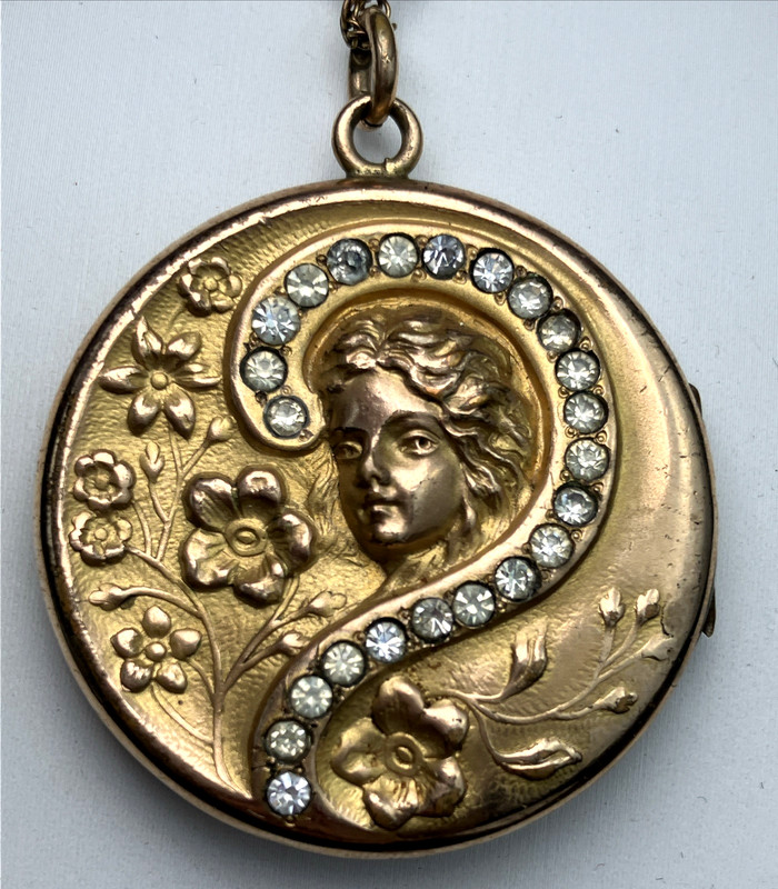 XL Antique Art Nouveau Lady Edwardian 10kt Gold Filled Necklace Locket 1905 Caco