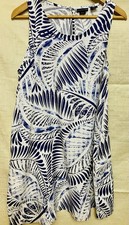 Tahari 100% linen Sleeveless Flare Dress Leaf Print White Blue & White Size M
