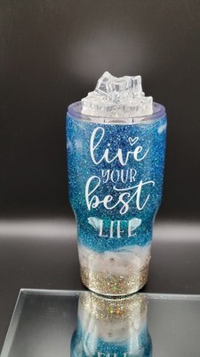 30 oz Beach Blue ''Live Your Best Life'' Glitter Epoxy Tumbler Handmade Ice Lid