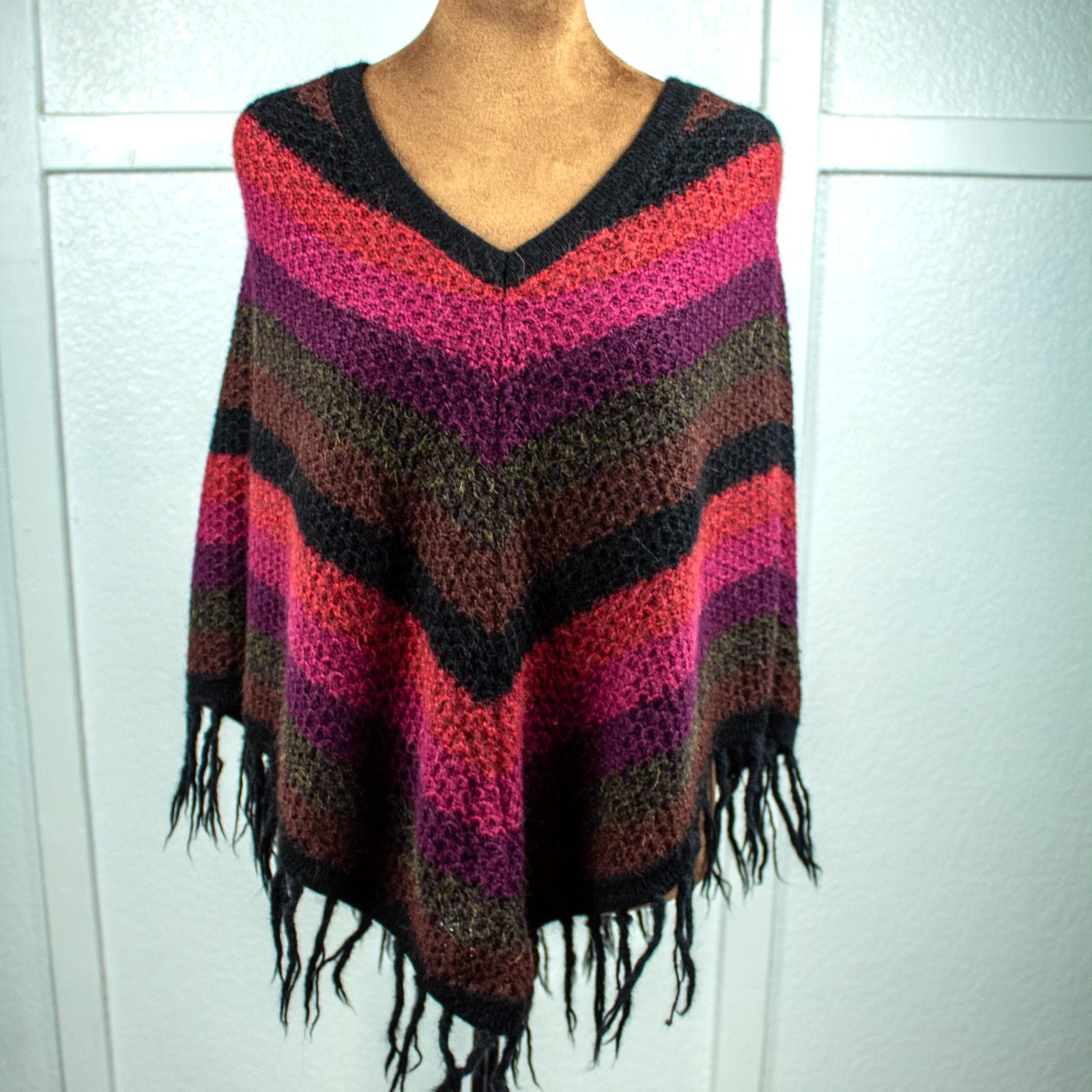 Vintage Alpaca Wool Geometric Poncho Cape Tassel Trim Peru Unisex One Size