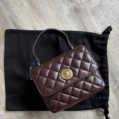 Versace Medusa Mini Top Handle Bag Brown Gold Chain Strap Magnetic Dust Bag