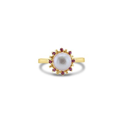 Perlenring 8 mm mit Rubin Halo 14 Karat Gelbgold