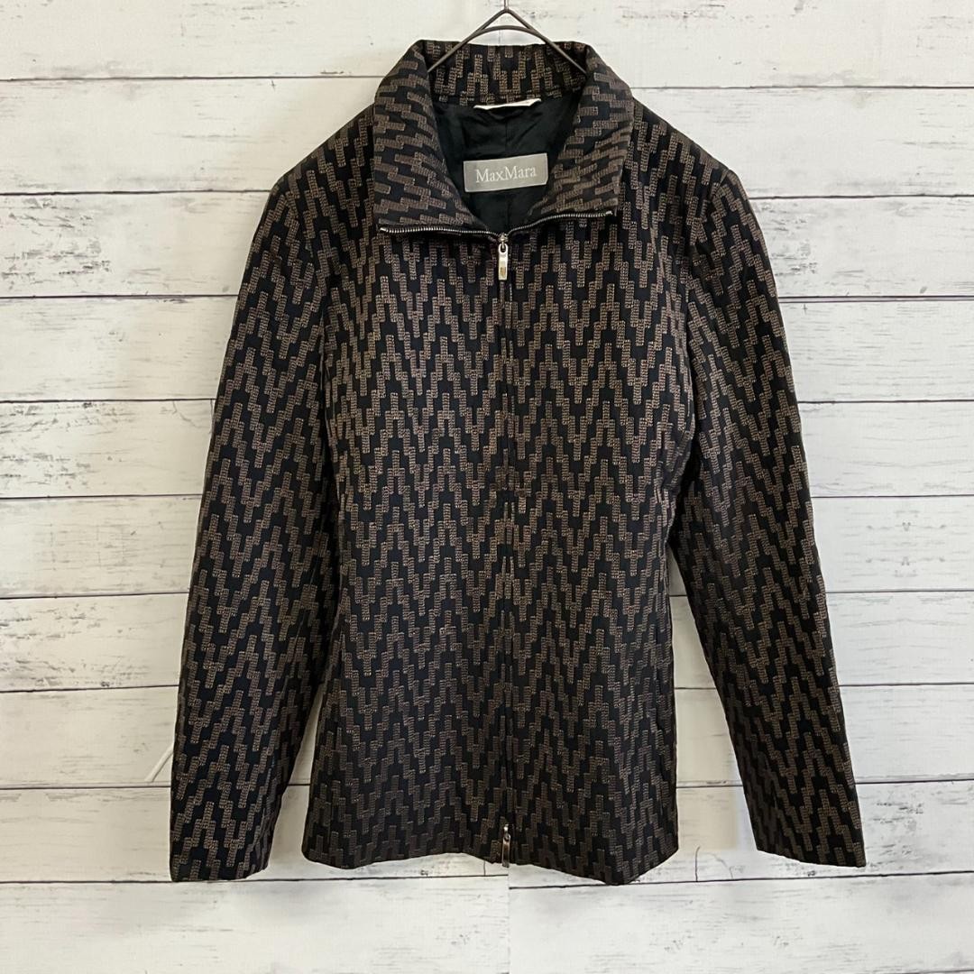 【MaxMara】ジップアップジャケット 総柄 ブラック×ブラウン USA6　M MaxMara Zip-Up Jacket All-Over Pattern Black Brown USA6 M | eBay