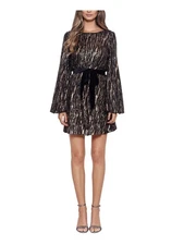 BETSY & ADAM Womens Black Button Back Velvet Tie At Waist Short Dress 10