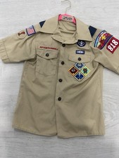Vintage Boy Scouts Of America Youth Medium Uniform Shirt Tan 90  s Patches