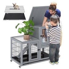 COZIWOW Wooden Rabbit Hutch 2-Tier Indoor Bunny Cage Cleaning Trays and Run Gray
