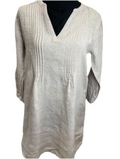 Tahari 100% Linen Gray Ladies Above Knee Dress Size XS Pockets V-Neck Pleated Ft