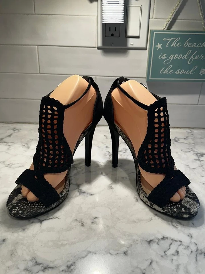 Fergie Catalina размер 8 корзина плетение черный змея печать stiletto модные каблуки - Изображение 2 из 4
