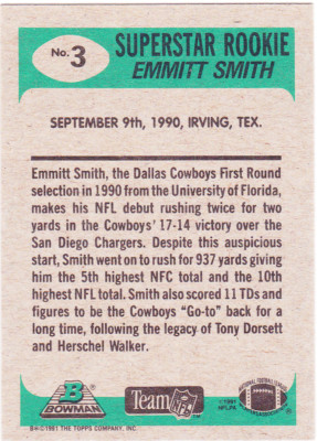 EMMITT SMITH Bowman ROOKIE SUPER STAR CARD Dallas Cowboys Football